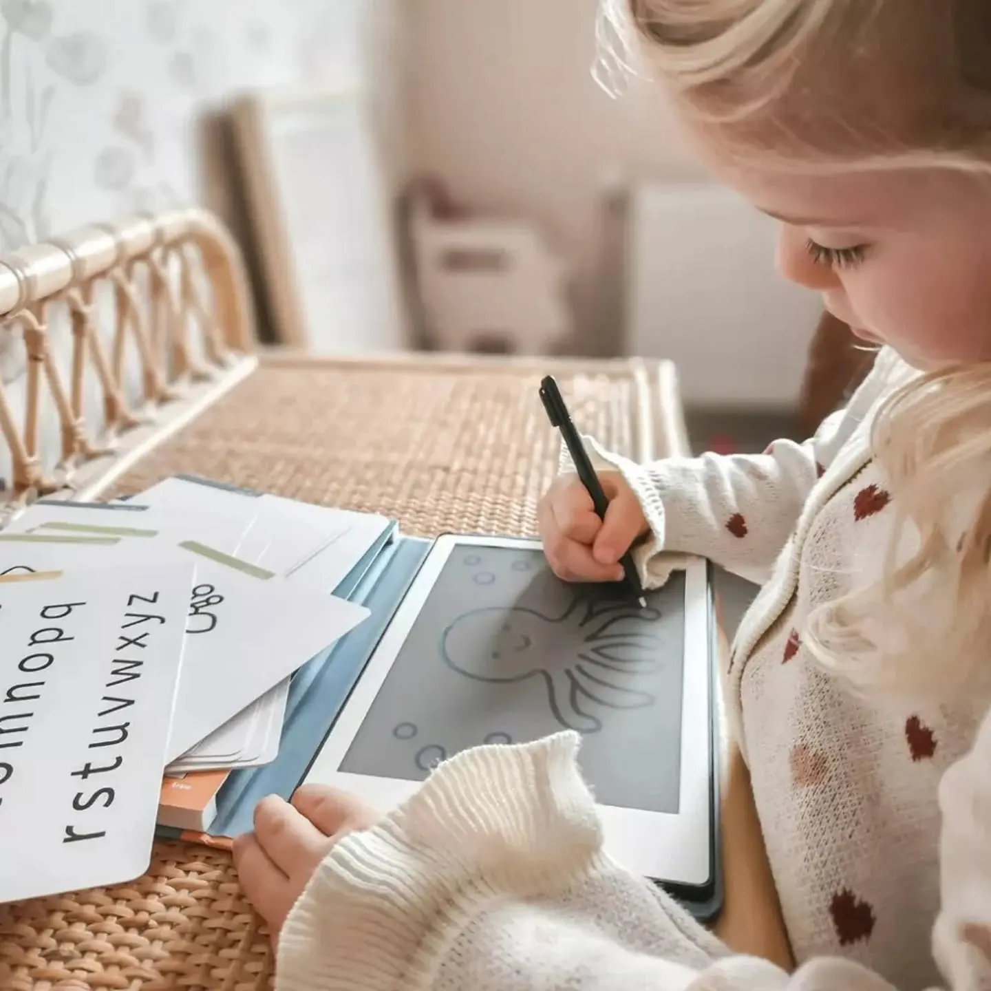 enfant qui dessine sur une tablette LCD