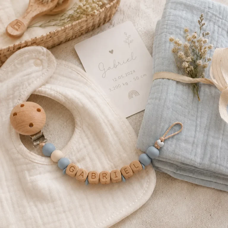 Cadeau de naissance personnalisé utile avec bavoir, attache tétine et accessoires bébé soigneusement choisis.