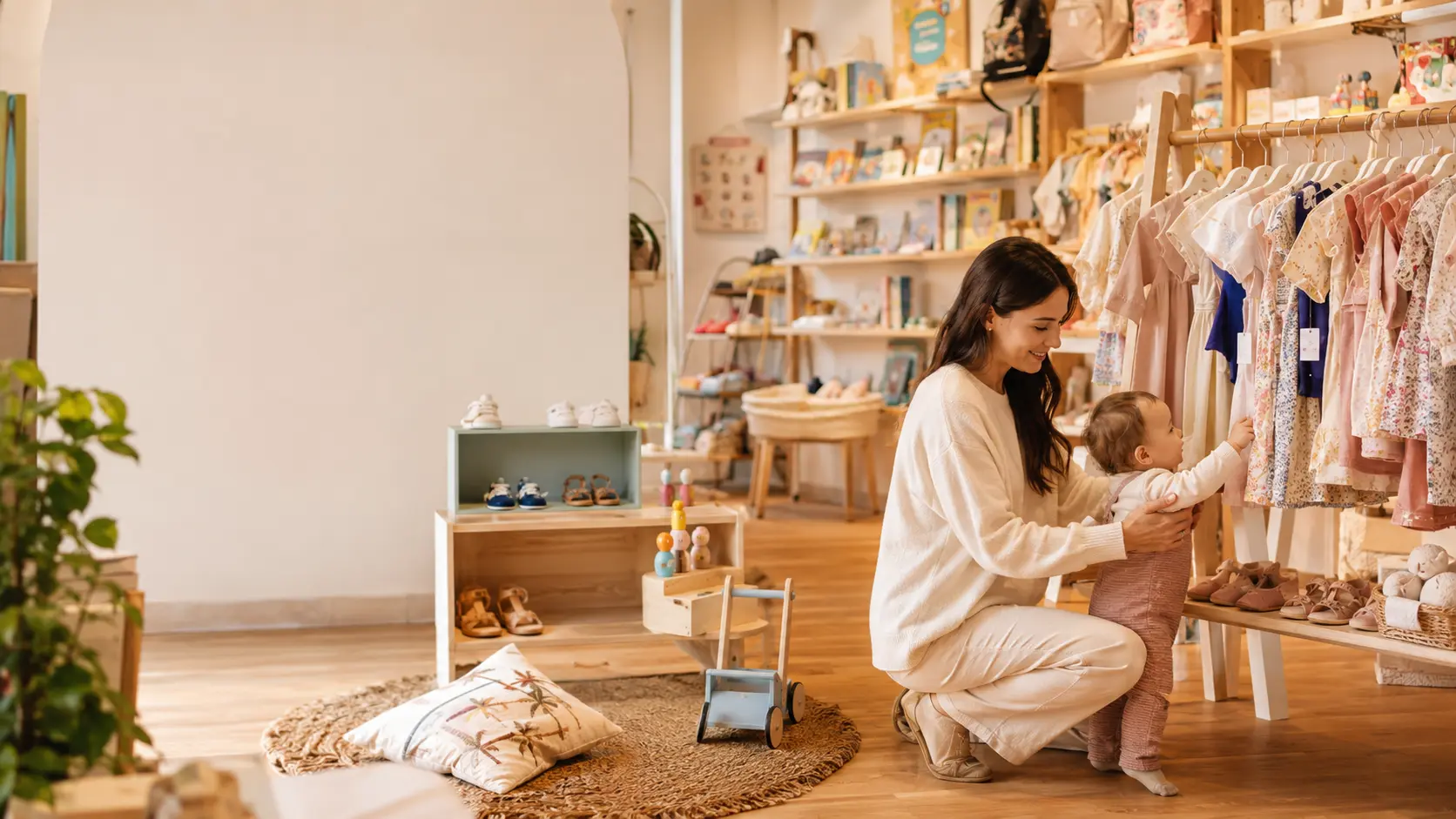 Intérieur de la boutique Maman Louve, concept store bébé et enfant à Fréjus — sélection de vêtements et accessoires