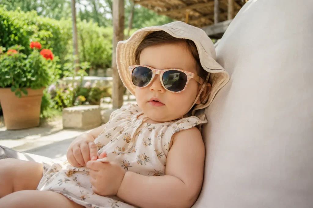 Bébé protégé de la chaleur en été avec chapeau, lunettes de soleil et tenue légère.